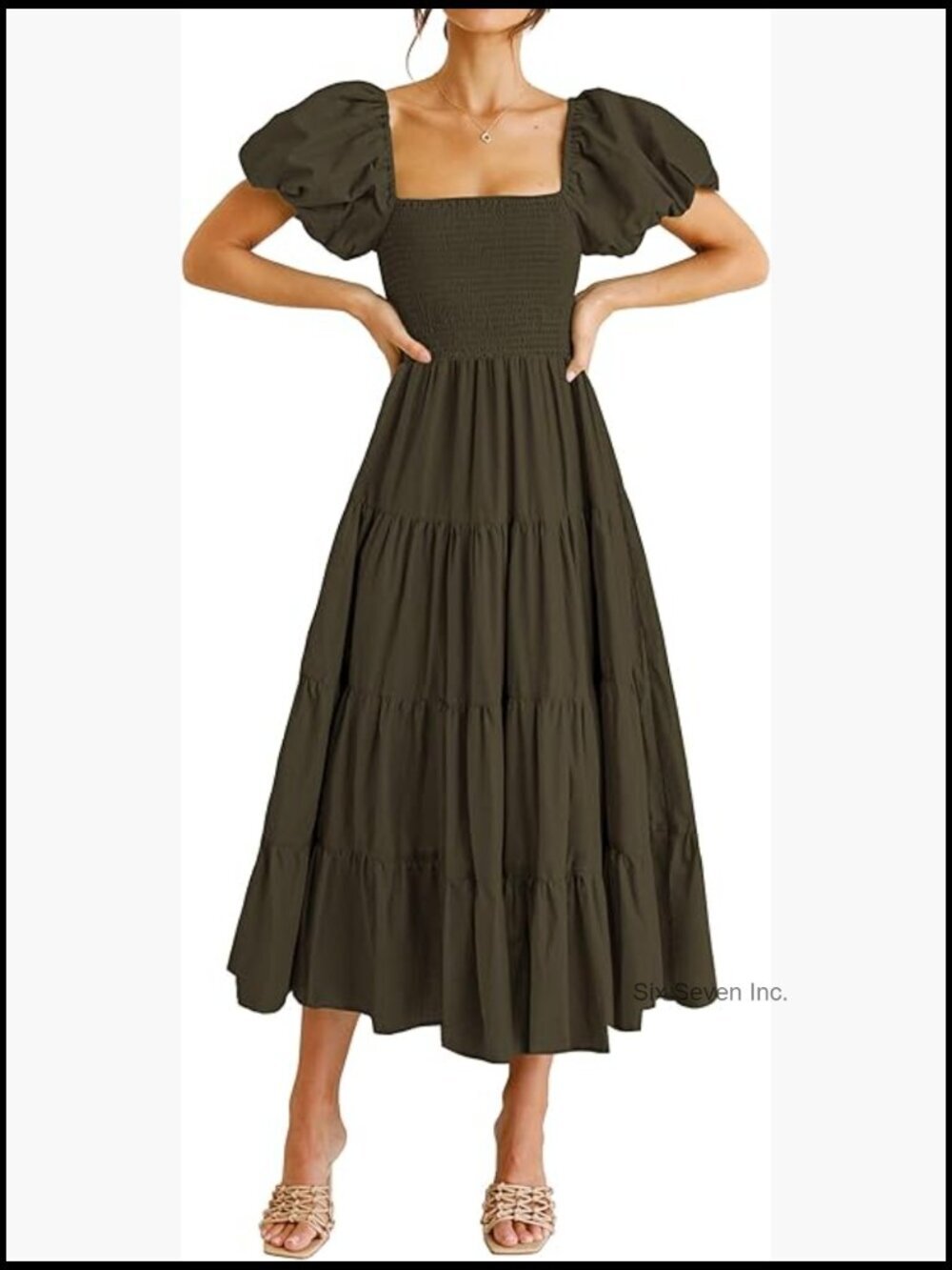 Polyester Casual Summer Midi Dress Puffy Short Sleeve Square Neck Smocked